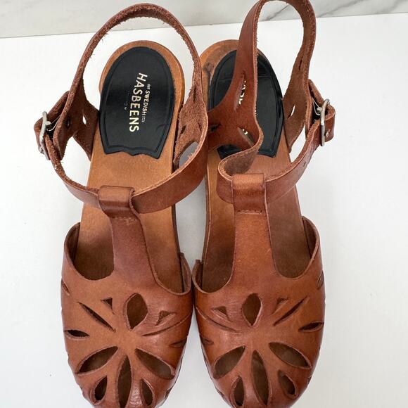 Swedish Hasbeens Women Lacy Sandal Size 36/ 6 Leather Cut Out Boho Neutral Brown - Picture 8 of 12